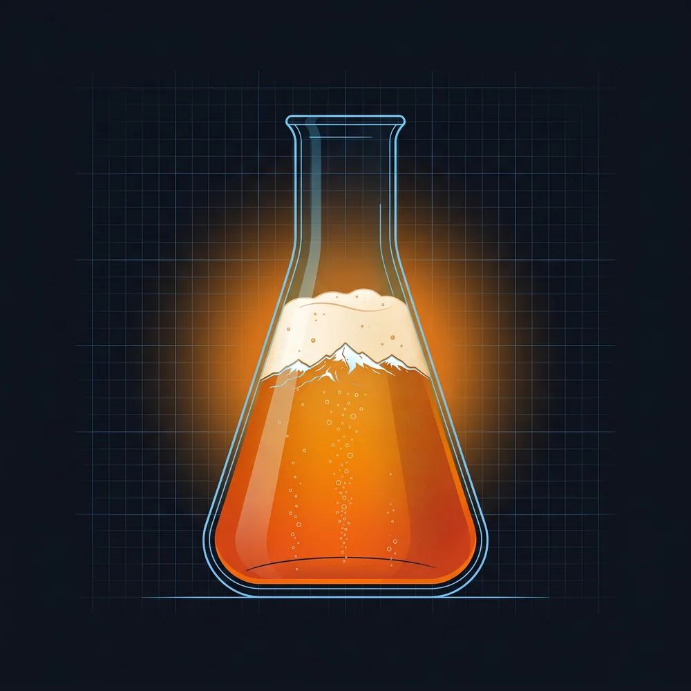 Matraz de laboratorio lleno de cerveza artesanal con la cordillera patagónica y burbujas ascendiendo